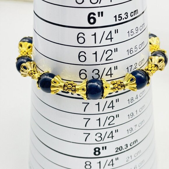 Navy Bead Station Bracelet Bright Gold Tone North Star and Cross Charms Holiday - Picture 3 of 6